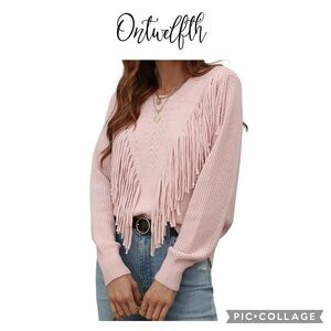 Ontwelfth blush pink boho Fringe long sleeve sweater NWT size S